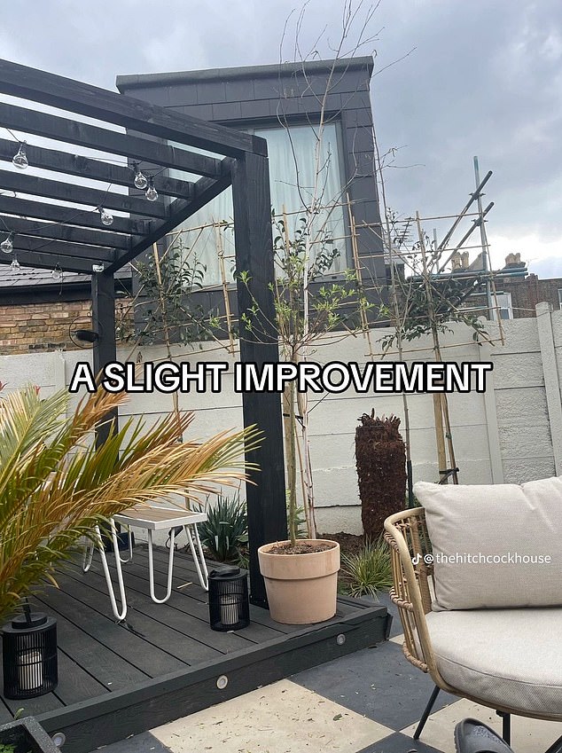 The couple installed some tasteful garden furniture and planted their first trees at the bottom of the garden before posting a new image which read: 