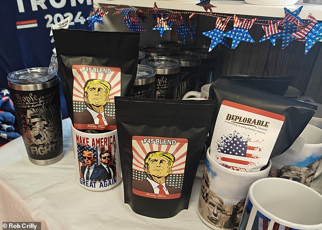 Trump merchandise for sale at the store includes Deplorable coffee and #45 Blend