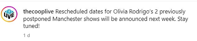 Both Olivia's Friday and Saturday shows in the city were cancelled, and the venue has now revealed details about the rescheduled dates which will be announced next week.