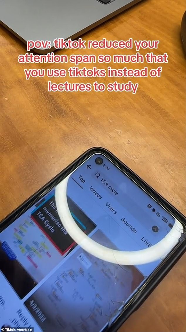 A TikTok showed students searching for their study topics in 15-second videos instead of referring to their notes or lectures.