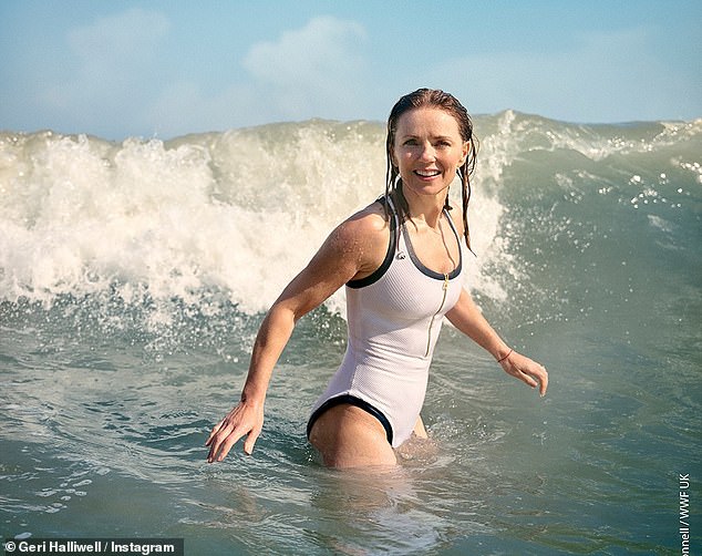 The Spice Girls star, 52, took to her Instagram to post several stunning photos of herself frolicking in the sea in a white swimsuit.