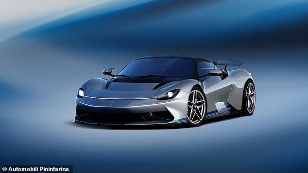 The Pininfarina Battista Targamerica has a silver and blue exterior with a tan interior.