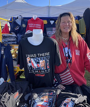 Pam Olthof, a Trump-themed vendor who was near the rally in July, returned and sold a completely updated range of merchandise. Their best-selling item this time is a T-shirt bearing the date of both Butler rallies with an image of Trump shaking his fist.