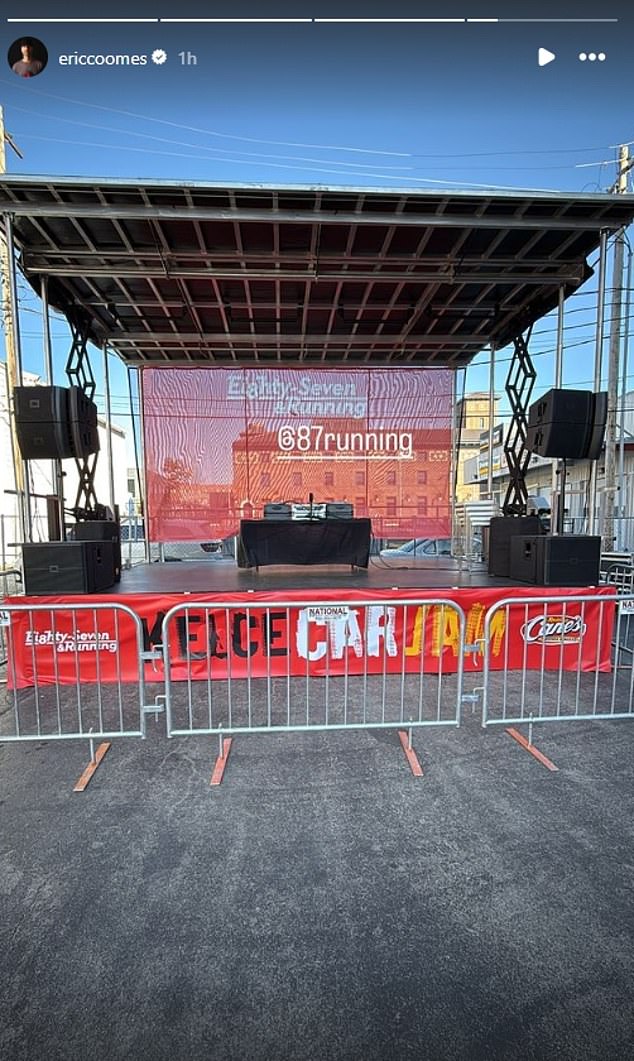 The Kelce Car Jam stage in Kansas City is designed with Chiefs red and yellow co