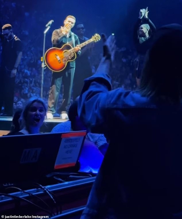 The Grammy-winning artist blew a kiss to the actress, who was enjoying the show from the VIP section of the Bell Center, and added: 'I love you baby.'