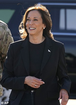 Kamala Harris is pictured meeting with members of the military after receiving a briefing on the damage caused by Hurricane Helene on Saturday.