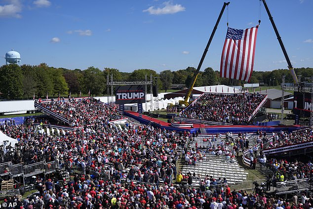 Supporters arrive before Republican presidential candidate former President Donald Trump speaks at a campaign event at the Butler Farm Show, Saturday, Oct. 5, 2024, in Butler, Pennsylvania.