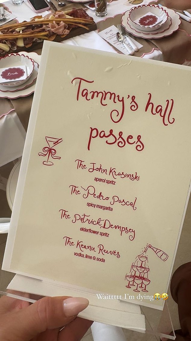 Another image showed the cheeky drinks menu for the hens, which was titled 'Tammy's Hall Passes'.