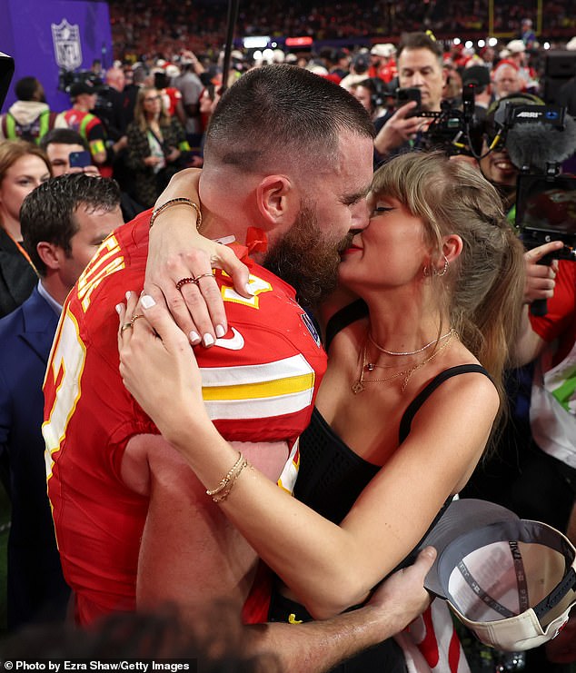 Swift has been dating Chiefs tight end Travis Kelce, 35, for more than a year; Pictured in February after the Chiefs' Super Bowl victory.