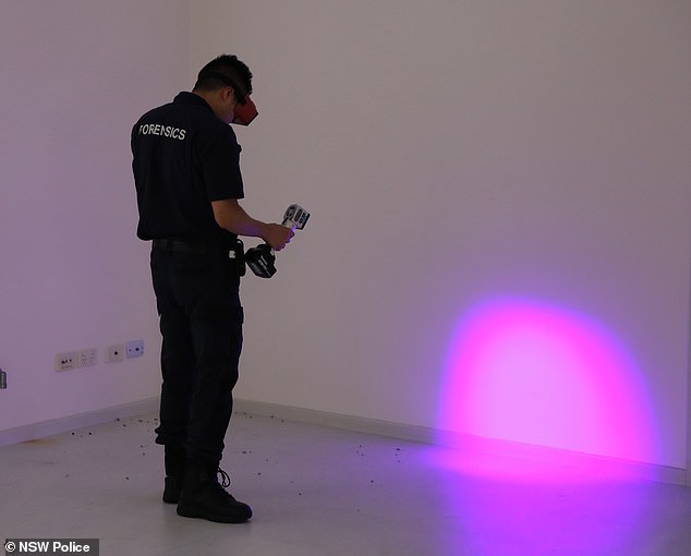 Superintendent Doherty said the alleged victim had had close ties to his community in western Sydney and had owned a small business until his death (pictured, coroners examine a section of the floor).