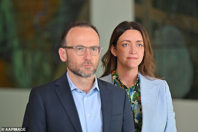 Greens leader Adam Bandt (pictured left with Greens Senator Steph Hodgins-May) has so far dodged questions about Senator Cox and accusations of bullying.