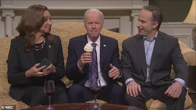 Maya Rudolph played Kamala Harris, left, Dana Carvey impersonated a confused Joe Biden, center, while Andy Samberg played Harris' husband Doug Emhoff, right.