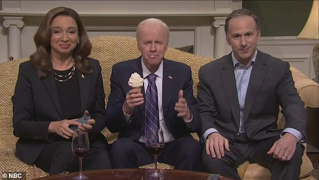 The sketch ended with Carvey's Joe Biden, center, rambling about a full ice cream cone sitting between Rudolph's Harris and Samberg's Emhoff.