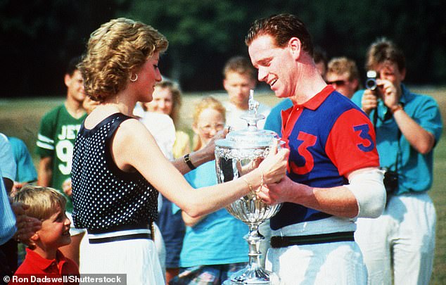 Princess Diana presents the Captain and Subalterns Cup to Captain James Hewitt after he led his Army polo team to glory at Tidworth, Wiltshire, in 1989.