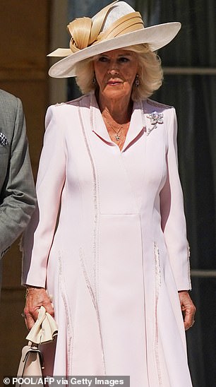 Queen Camilla has also shown a preference for the soft hue and recently wore a custom-made Anna Valentine coat dress to a garden party at Buckingham Palace.