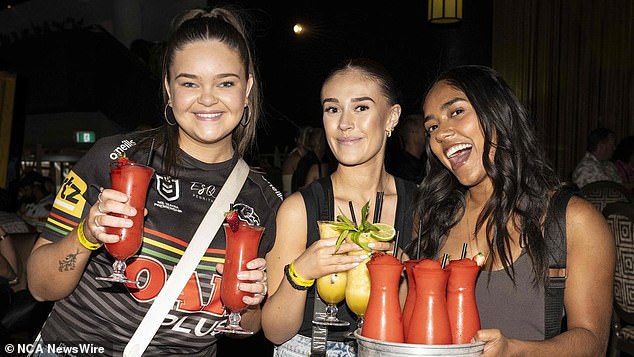 Holly Munday, Bella White and Annlin Biju enjoyed watching the grand final at the Panthers Rugby Leagues Club. Image: NewsWire/Monique Harmer