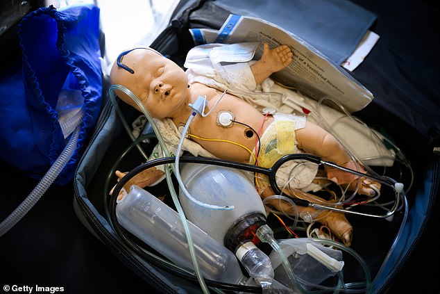 A Hamas medical kit specifically for child care is seen during an IDF display of recovered weapons, vehicles and materiel.