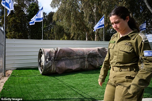 Remains of an intercepted Iranian missile are seen during an IDF exhibition