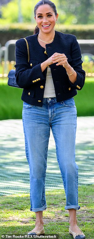 At the 2022 Invictus Games, Meghan again echoed Princess Diana when she didn't follow the rules. She embraced luxury logos wearing a black tweed jacket with gold buttons from Celine, classic Chanel ballet flats, and Moussy jeans with rolled-up hems.