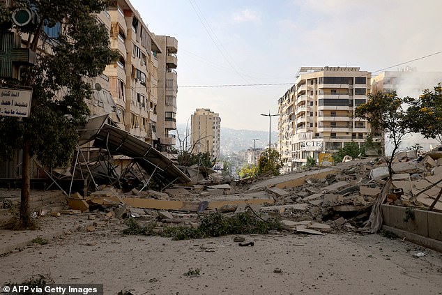 Debris piles up following Israeli strikes that targeted the southern suburbs of Beirut on October 6, 2024.