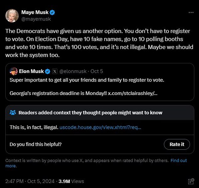 Maye Musk, 76, appeared to urge Donald Trump supporters to commit blatant voter fraud by using fake names and voting multiple times. A Twitter community note, a feature Musk installed after purchasing the social media platform, quickly shut it down.