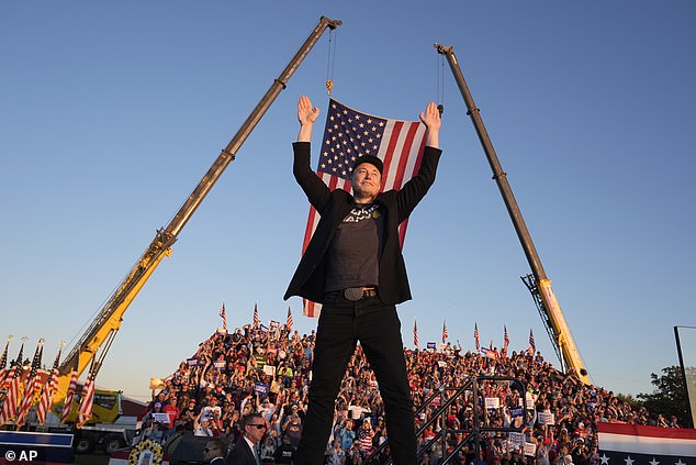 Tesla boss Elon Musk was seen jumping on stage with his fists in the air as he joined Donald Trump to address supporters at the Butler Farm Show in Pennsylvania.