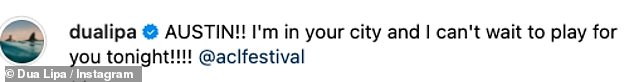 She captioned the post: 'AUSTIN!! I'm in your city and I can't wait to play for you tonight!!!!'