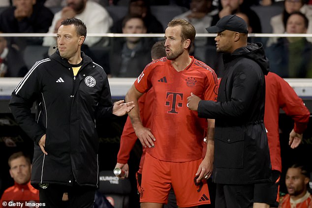 Kane spoke to Bayern coach Vincent Kompany (right) when he left the match with approximately 20 minutes remaining.