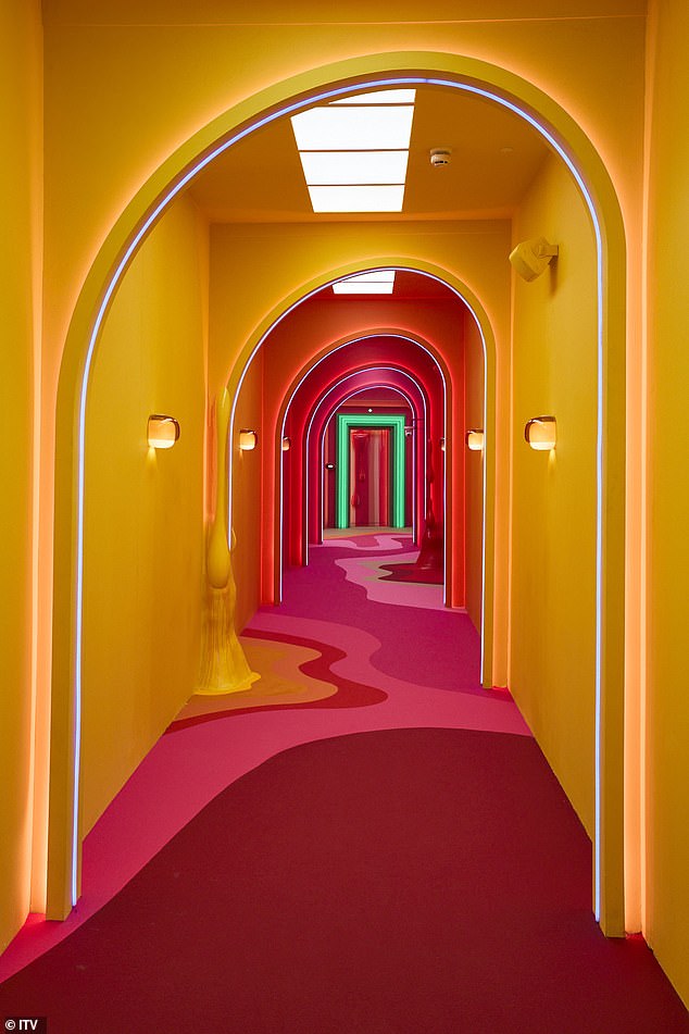 The trippy theme continues through the hallways with angular door frames and paint drips.