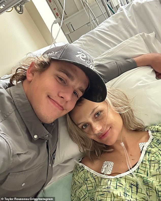 Her husband Cameron Grigg (left, pictured March 16) announced on Instagram: 'In the past year, Taylor has faced more pain and suffering than most people do in their entire life. And despite that, she has still been a light and always brought joy to everyone around her.