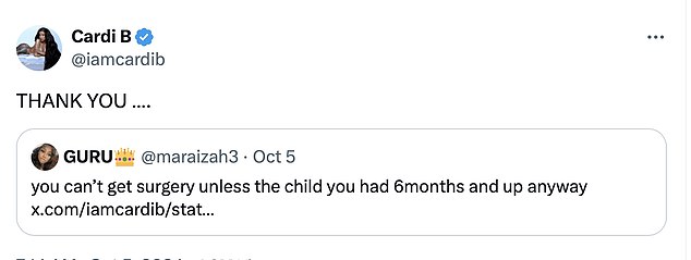 The Bodak Yellow hitmaker also retweeted someone who pointed out that you can't even have surgery until six months after giving birth to prove her point.