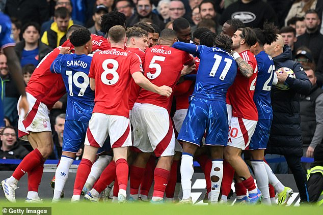 Players from both teams were involved in the clash towards the end of the game.