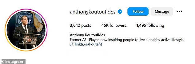 Incorrectly: Koutoufides' personal Instagram page omits authorization statement