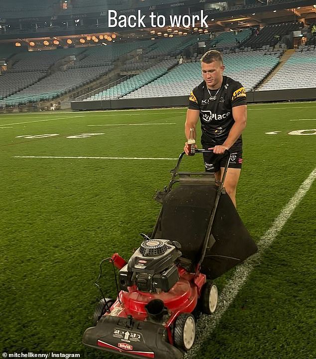 Former outfielder Mitch Kenny tested the lawnmower at the stadium