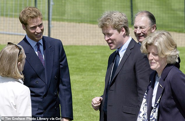 Prince William, Charles Spencer and Lady Jane speak to Kathryn Gufstafson, designer of the Diana, Princess of Wales memorial fountain in Hyde Park.