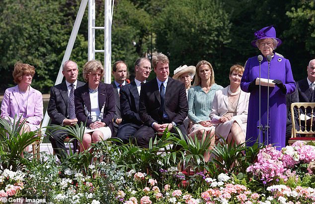 Diana's siblings watch as the Queen gives a speech at the opening of the memorial fountain in 2004.