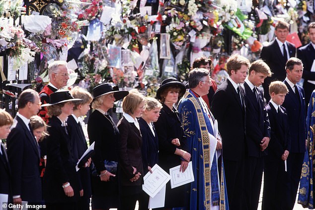 Charles Spencer stands alongside William and Harry, with his sisters and mother, Frances Shand Kydd, nearby at Diana's funeral in 1997.