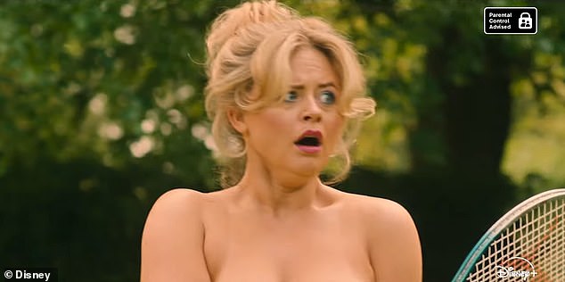 In a scene from the adaptation based on Dame Jilly Cooper's best-selling novels, Emily, who rose to fame as Charlotte Hincliffe in The Inbetweeners, stripped naked with her co-star while playing tennis in the garden.