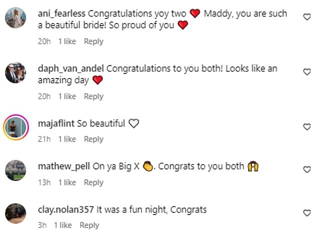 Tristan's followers flocked to the comments of his wedding announcement, congratulating the AFL player and his new wife on their union.