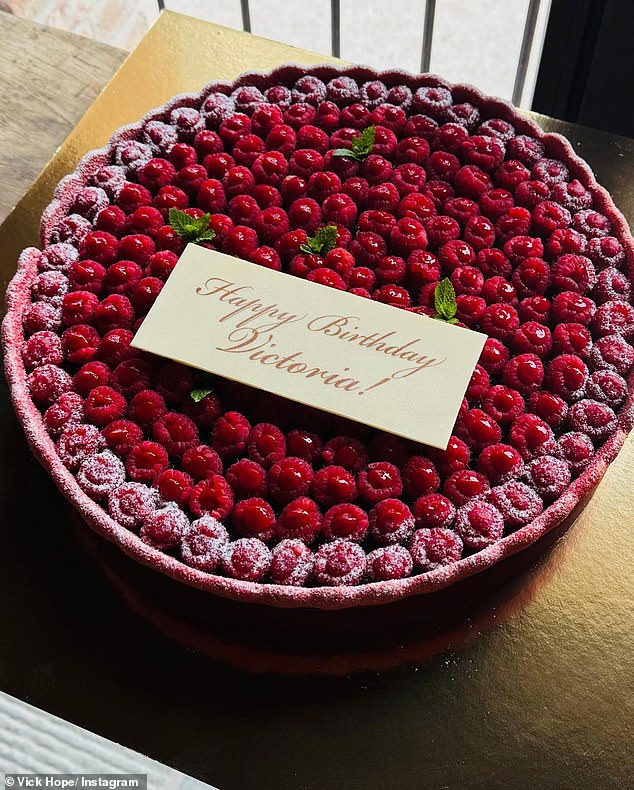 Vick also enjoyed a huge cake adorned with lots of fresh raspberries and dusted with icing sugar.