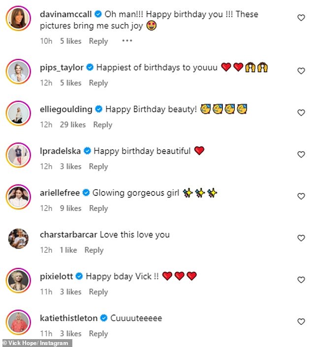 Her post received a flood of birthday messages from her fans and showbiz friends, including Davina McCall, Ellie Goulding and Pixie Lott.