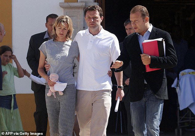 Kate and Gerry McCann, the parents of missing 3-year-old Madeleine McCann, stop to speak to the press after attending a church service in Praia da Luz.