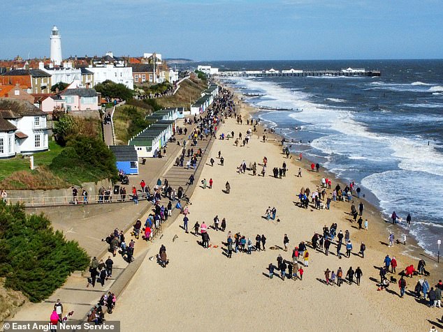 The annual gathering in the coastal town of Southwold, Suffolk, included a mile-long walk from the harbor to Southwold Pier, with some dogs venturing out into the sea.