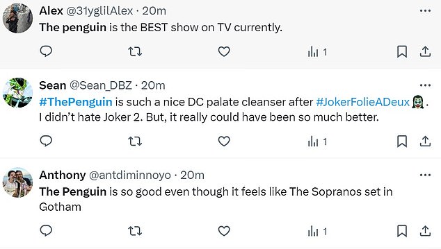 Others, like @31ygilAlex, think 'The Penguin is the BEST show on TV right now, while @Sean_DBZ said it's 'such an enjoyable DC palate cleanser after #JokerFolieADeux.'