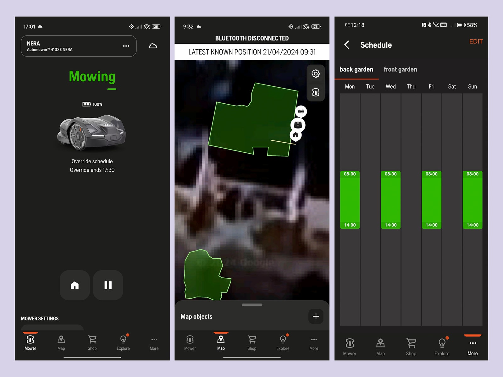 Screenshots of the Husqvarna robotic lawnmower app showing the status of the lawnmower, a map of its boundaries, and a schedule of...