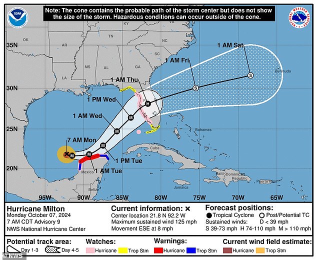 Pictured: The track of Hurricane Milton on Monday morning, showing an impact on Florida's west coast sometime on Wednesday.