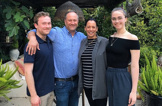 Harris has no children, but is stepmother to her husband Doug Emhoff's two children from his first marriage: Cole, 30 (left), and Ella, 25 (right).