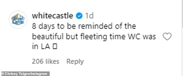 The official White Castle Instagram account commented on his post: '8 days to remember the beautiful but fleeting time WC spent in Los Angeles!'