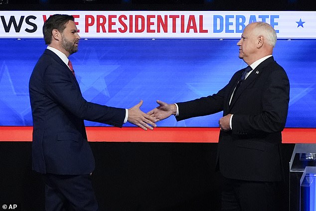 The latest results come after Trump's running mate, Senator JD Vance (left), was seen as the clear winner of the debate against Minnesota Governor Tim Walz (right) last week.