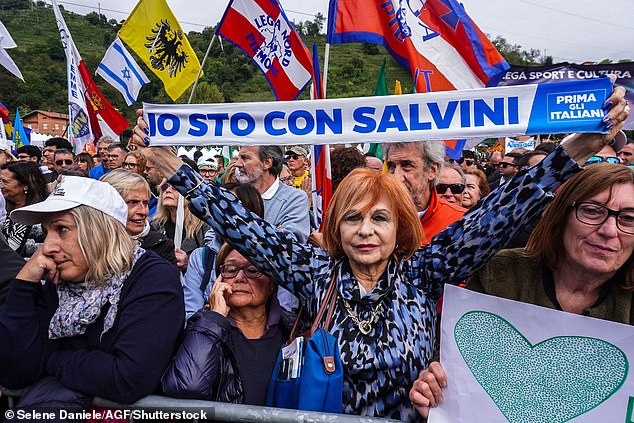 Salvini is the favorite of the Italian far right and many of his followers in the crowd carry banners adorned with 